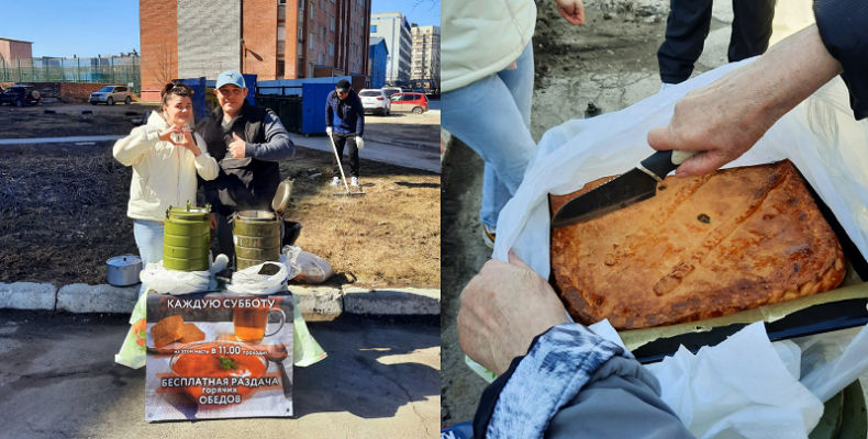 Бесплатные обеды еженедельно раздают волонтёры около общежития в Бердске